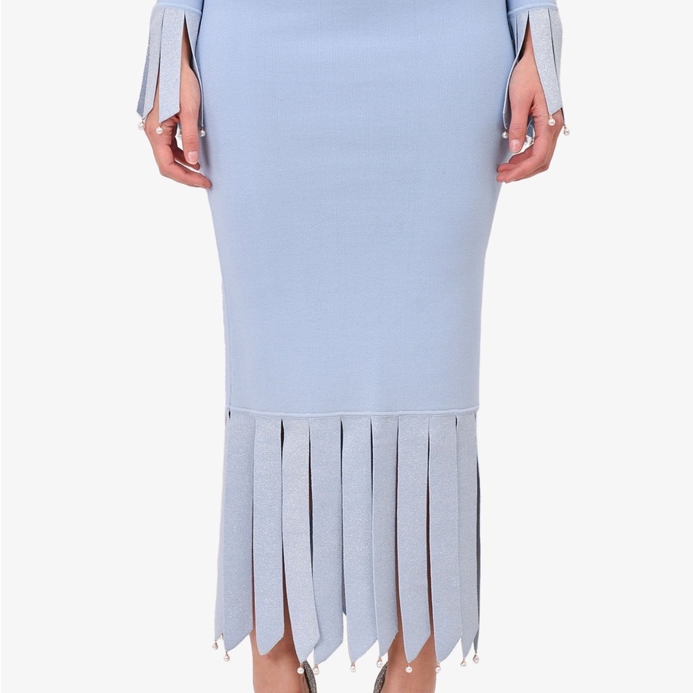 STAUD Light Blue Fringe Hem Pencil Skirt